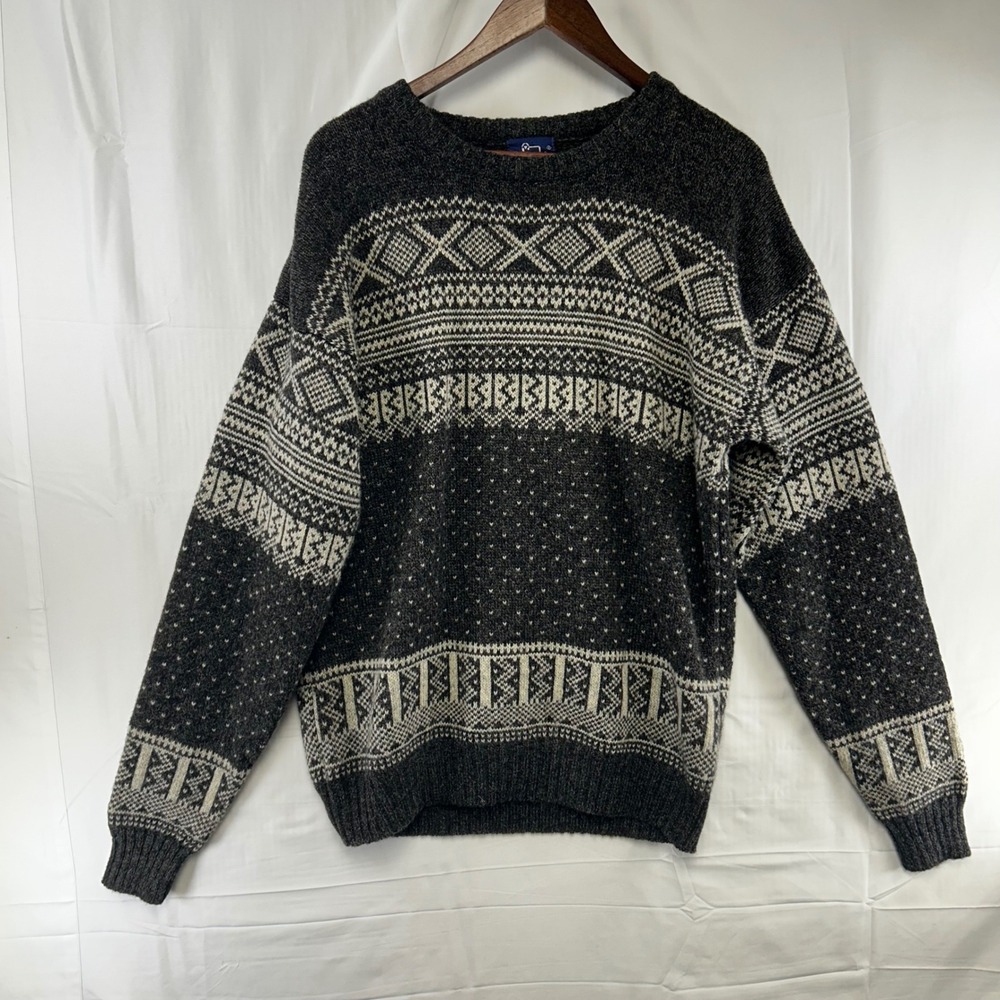 Vintage Woolrich Fair Isle Sweater Men Large Gray Wool Blend Nordic Crewneck 90s